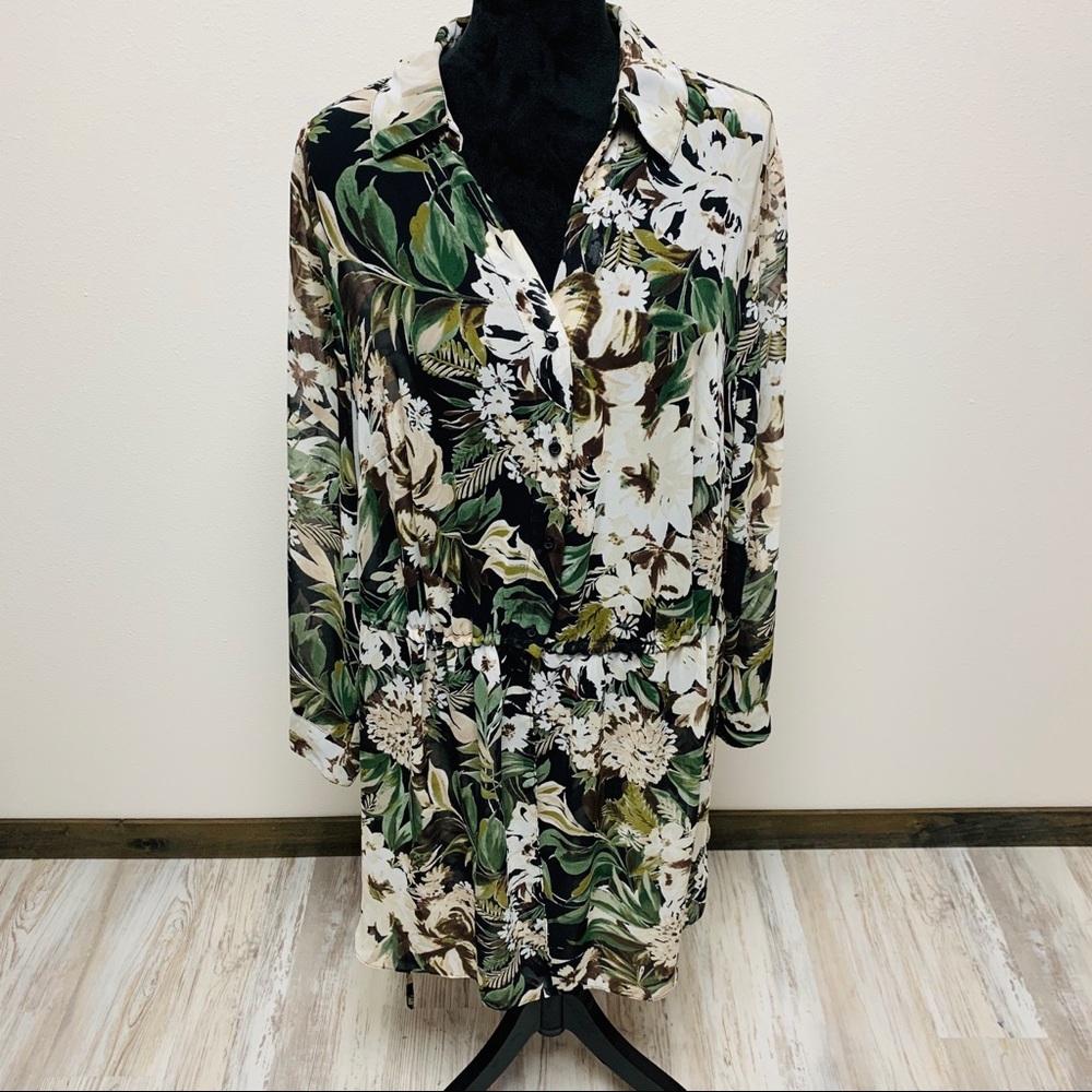 INC Black Floral Sheer Tunic Side Slit Top 2X